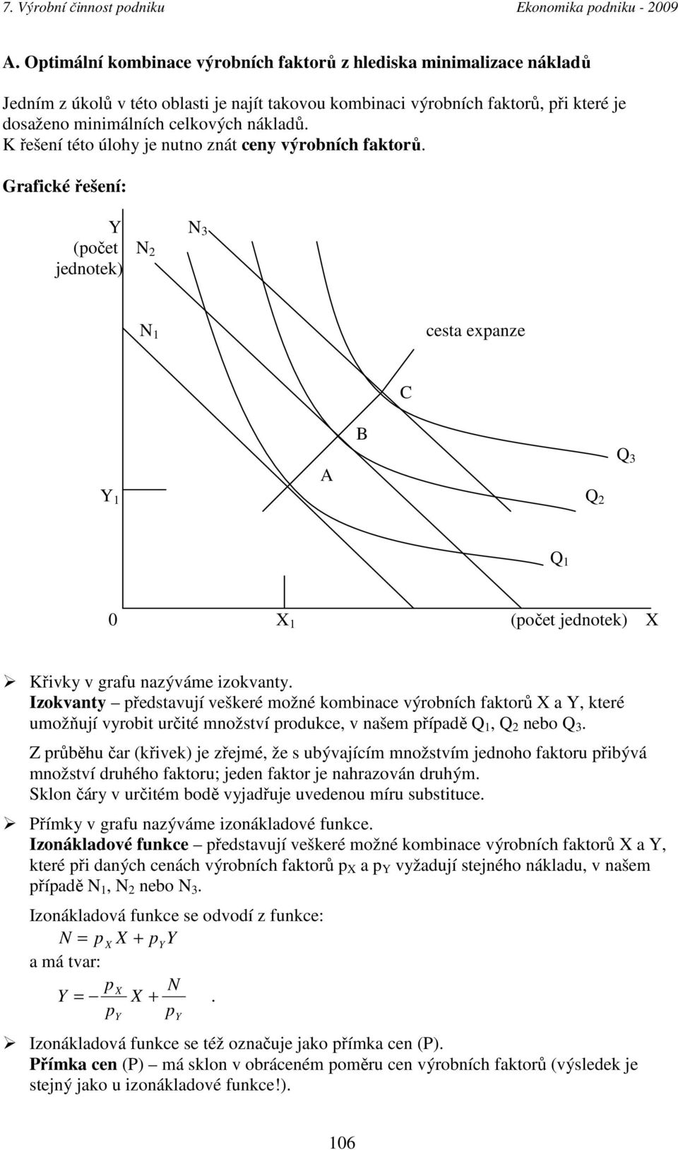 K řešení této úlohy je nutno znát ceny výrobních faktorů. Grafické řešení: Y N 3 (očet N 2 jednotek) N 1 cesta exanze C A Y 1 2 B 3 1 0 1 (očet jednotek) Křivky v grafu nazýváme izokvanty.