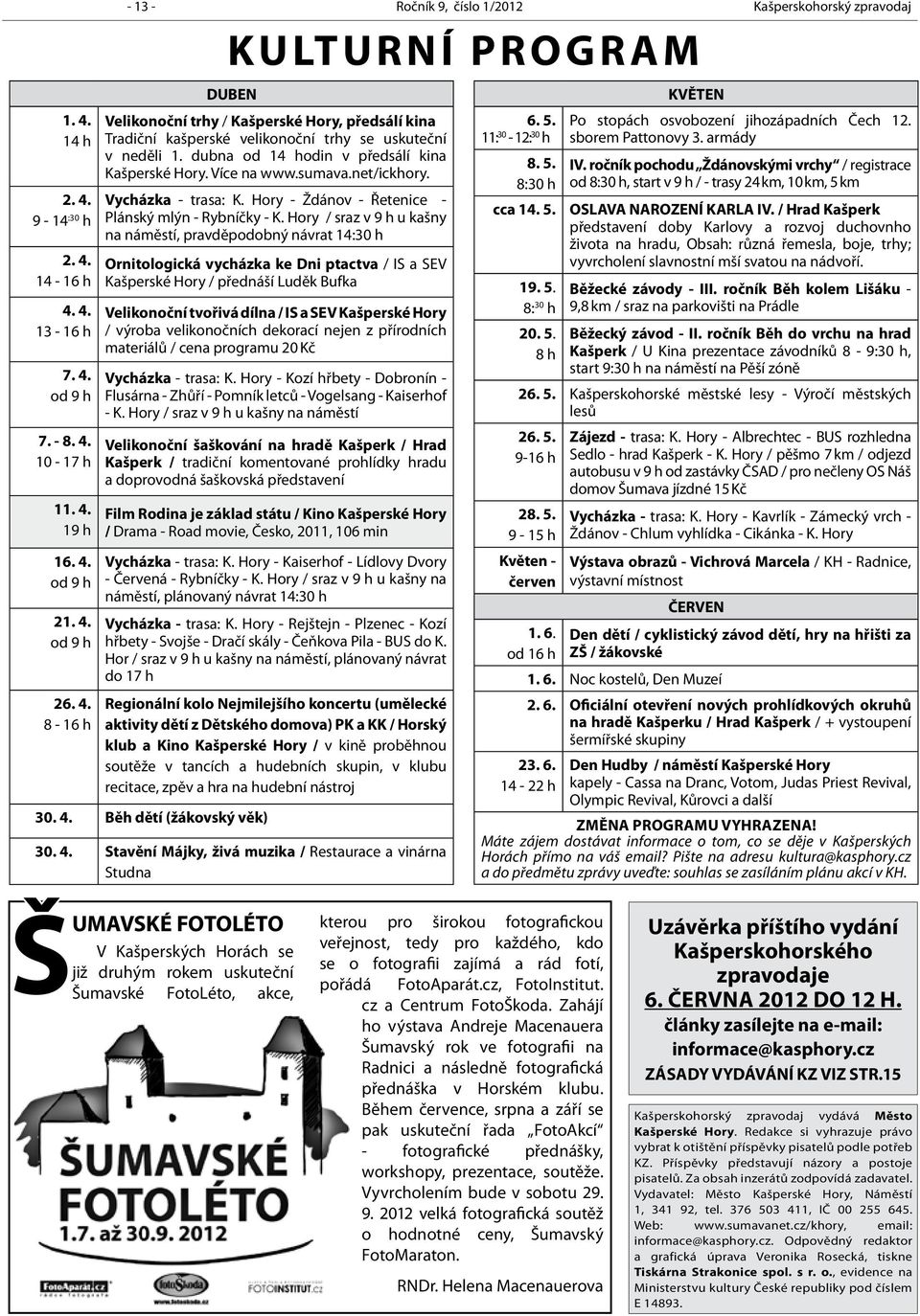 Hory / sraz v 9 h u kašny na náměstí, pravděpodobný návrat 14:30 h Ornitologická vycházka ke Dni ptactva / IS a SEV Kašperské Hory / přednáší Luděk Bufka Velikonoční tvořivá dílna / IS a SEV