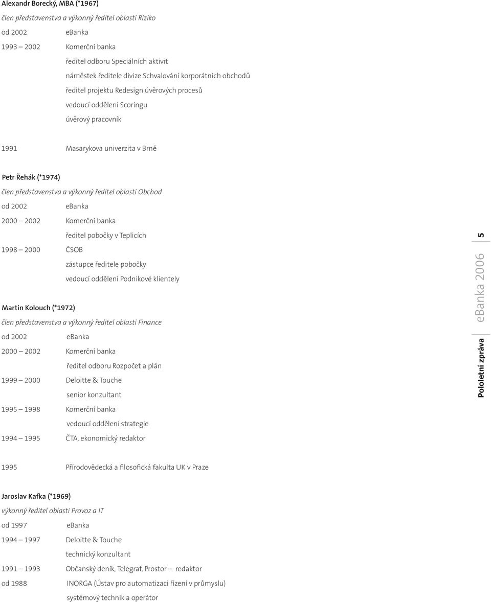 oblasti Obchod od 2002 2000 2002 Komerční banka ředitel pobočky v Teplicích 1998 2000 ČSOB zástupce ředitele pobočky vedoucí oddělení Podnikové klientely Martin Kolouch (*1972) člen představenstva a