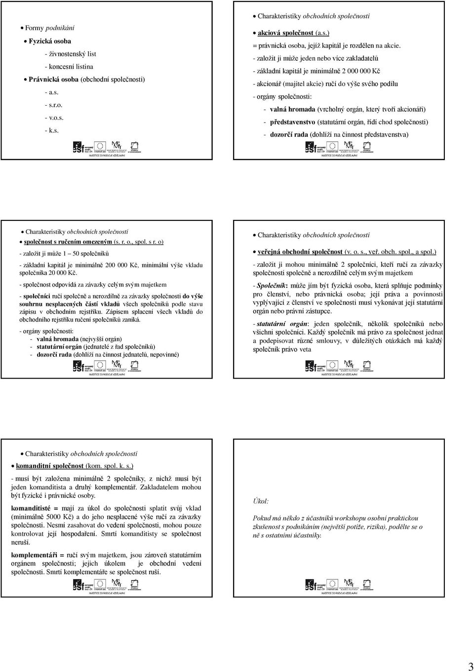 - založit ji může jeden nebo více zakladatelů - základní kapitál je minimálně 2 000 000 Kč - akcionář (majitel akcie) ručí do výše svého podílu - orgány společnosti: - valná hromada (vrcholný orgán,