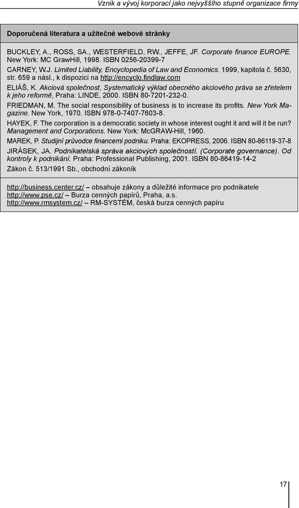 com Eliáš, K. Akciová společnost, Systematický výklad obecného akciového práva se zřetelem k jeho reformě, Praha: Linde, 2000. ISBN 80-7201-232-0. FRIEDMAN, M.