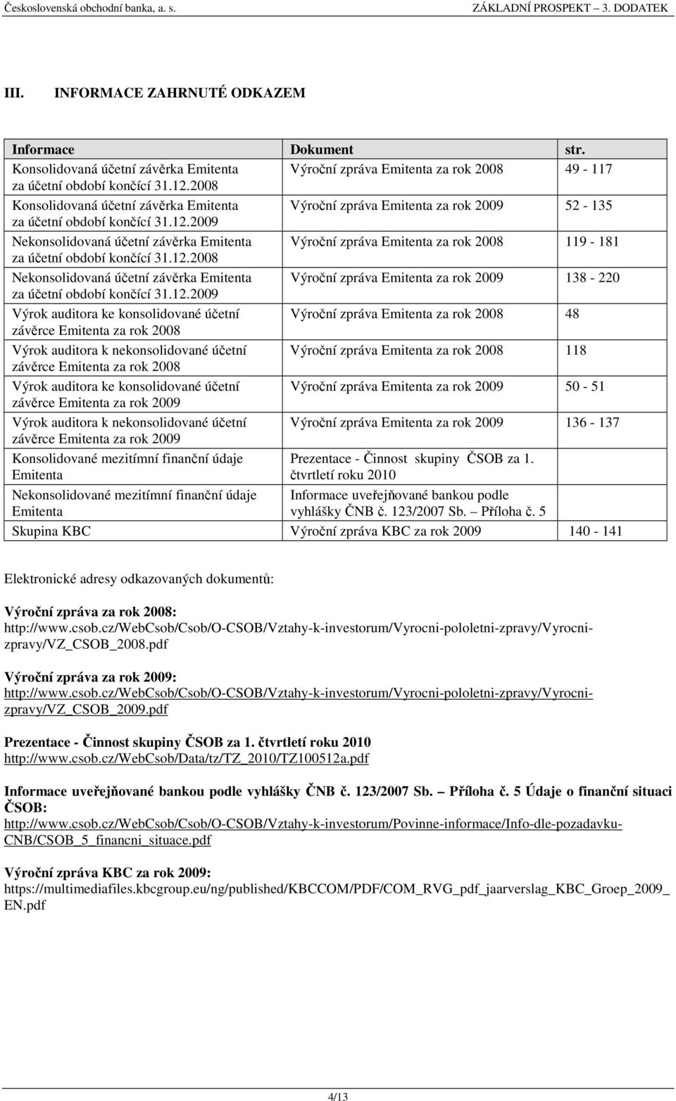 2009 Nekonsolidovaná účetní závěrka Emitenta Výroční zpráva Emitenta za rok 2008 119-181 za účetní období končící 31.12.