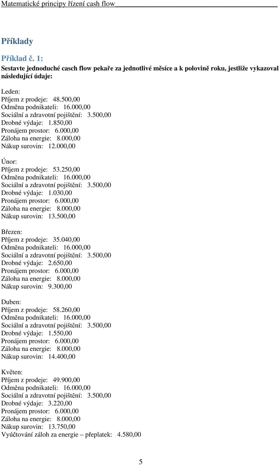 250,00 Odměna podnikateli: 16.000,00 Sociální a zdravotní pojištění: 3.500,00 Drobné výdaje: 1.030,00 Pronájem prostor: 6.000,00 Záloha na energie: 8.000,00 Nákup surovin: 13.