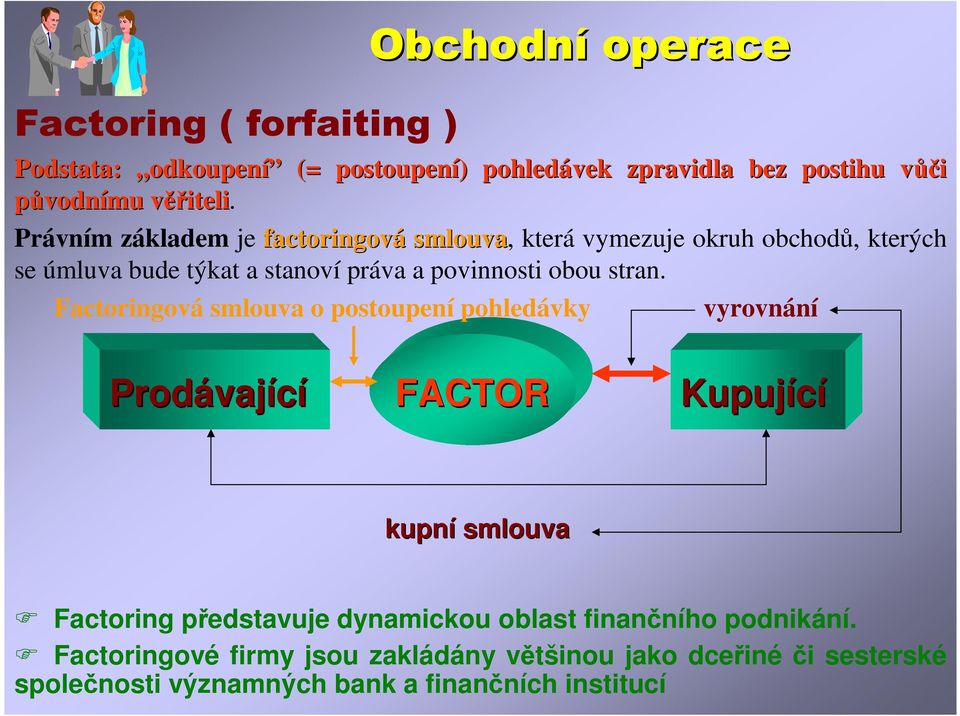 Právním základem je factoringová smlouva, která vymezuje okruh obchodů, kterých se úmluva bude týkat a stanoví práva a povinnosti obou stran.