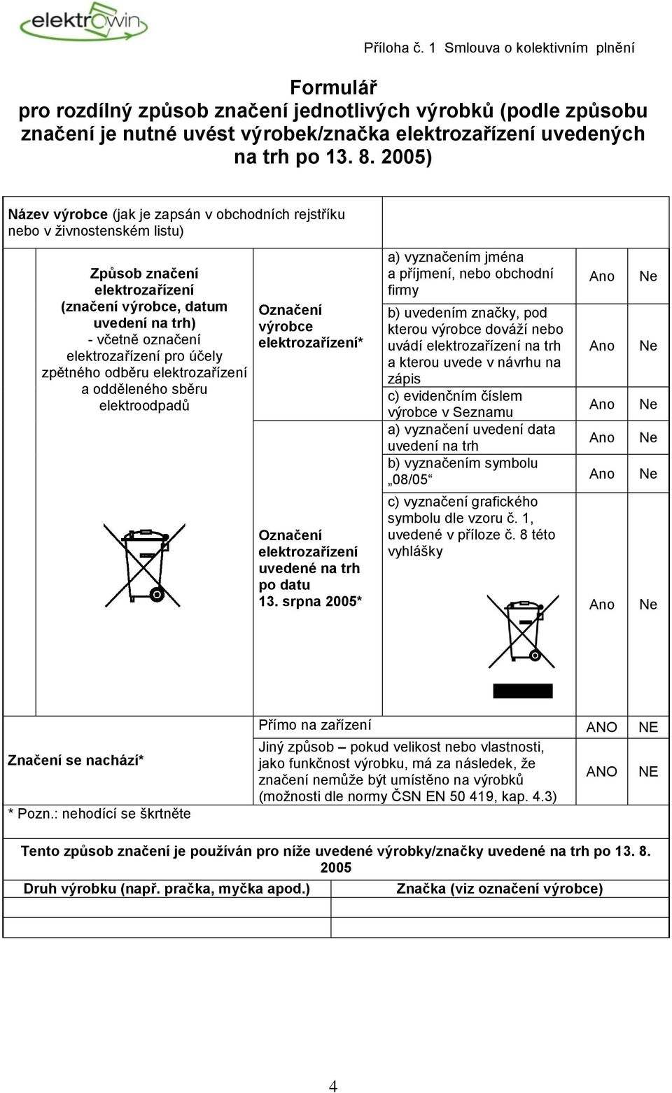 sběru elektroodpadů výrobce * uvedené na trh po datu 13.