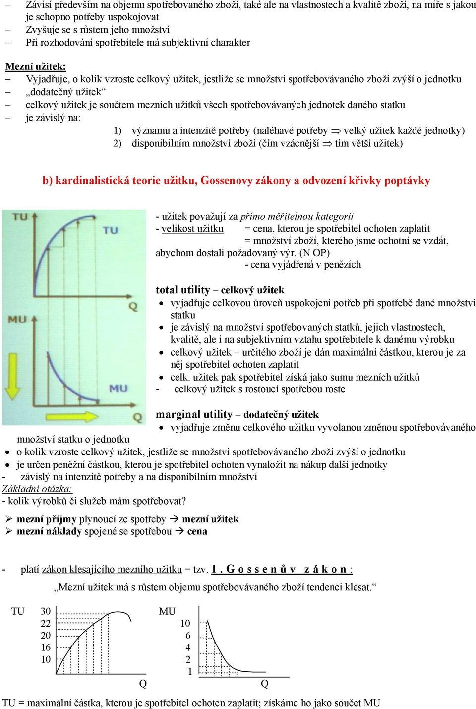 mezních užitků všech spotřebovávaných jednotek daného statku je závislý na: 1) významu a intenzitě potřeby (naléhavé potřeby velký užitek každé jednotky) 2) disponibilním množství zboží (čím