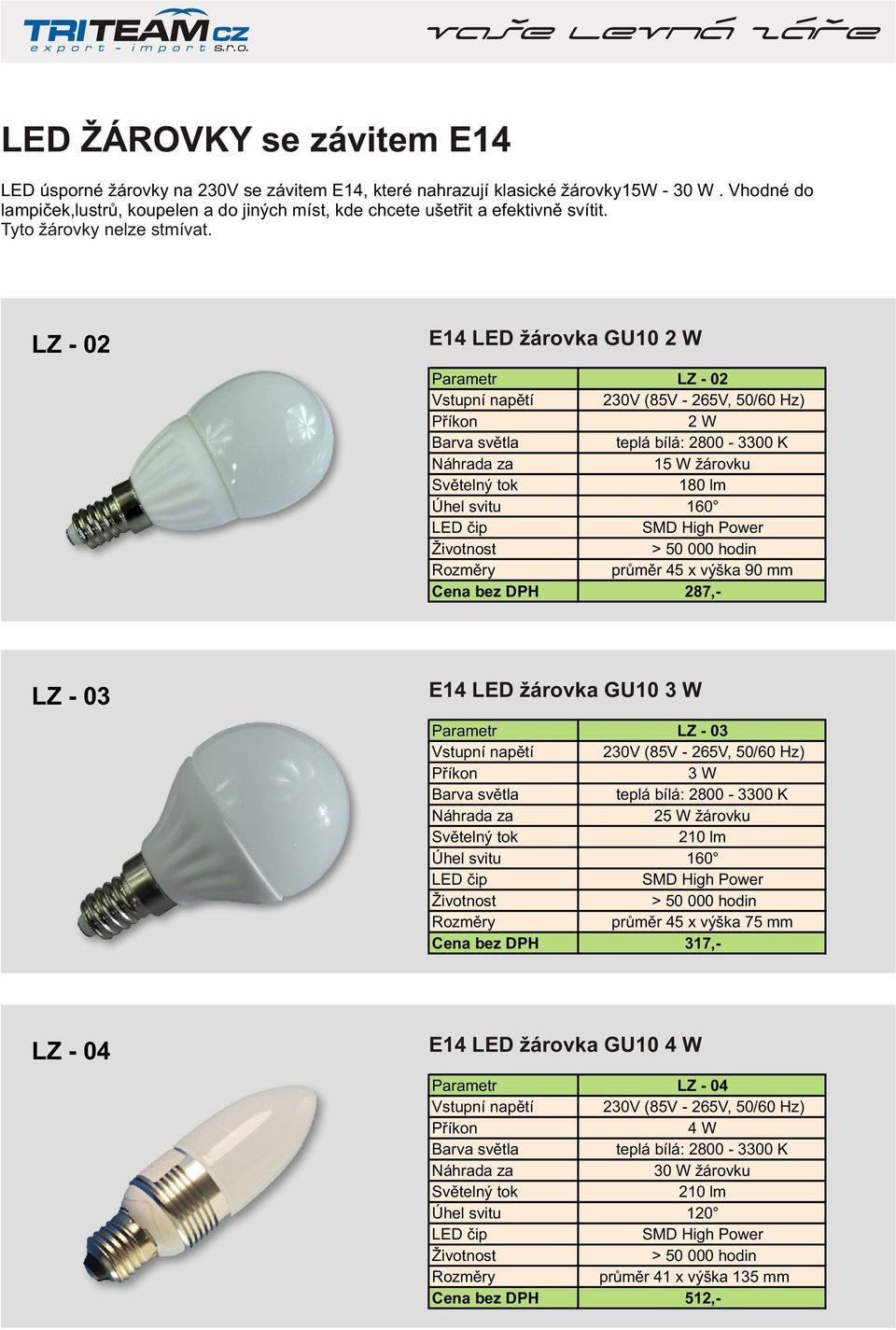 LZ - 02 E14 LED žárovka GU10 2 W LZ - 03 E14 LED žárovka GU10 3 W LZ - 04 E14 LED žárovka GU10 4 W LZ - 02 230V (85V - 2V, 50/60 Hz) 2 W 15 W žárovku
