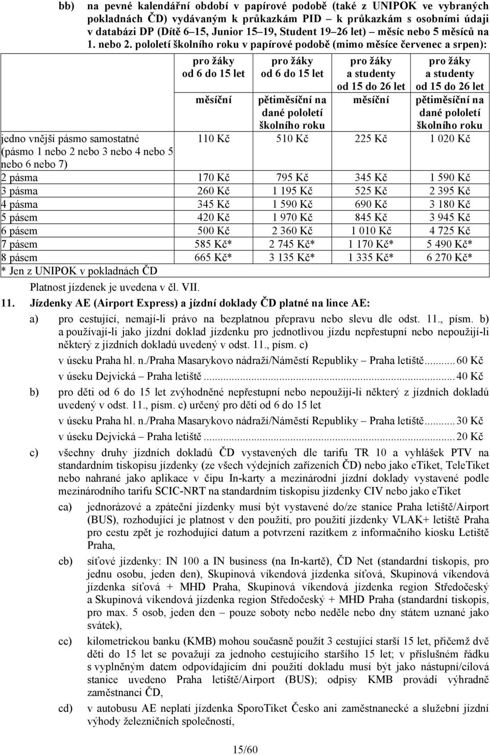 pololetí školního roku v papírové podobě (mimo měsíce červenec a srpen): jedno vnější pásmo samostatné (pásmo 1 nebo 2 nebo 3 nebo 4 nebo 5 nebo 6 nebo 7) pro žáky od 6 do 15 let měsíční 15/60 pro