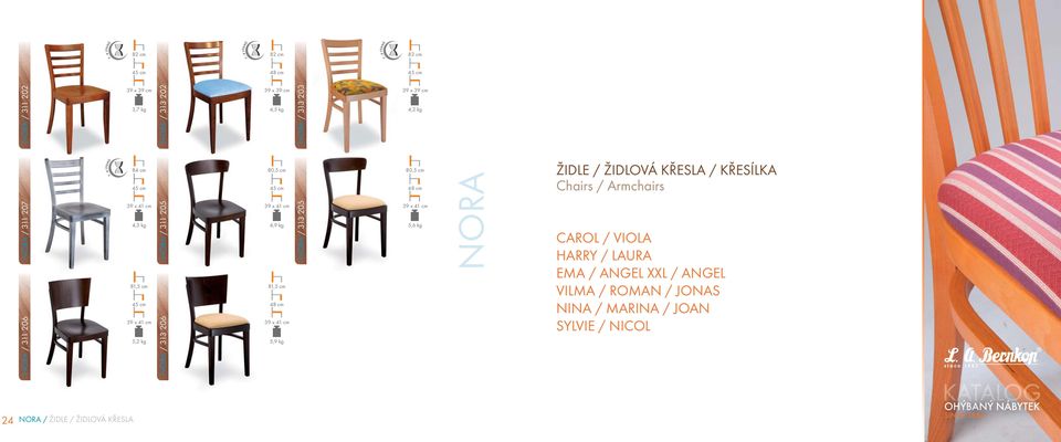 81,5 cm 39 x 41 cm 5,9 kg NORA / 313 367 NORA / 313 205 80,5 cm 39 x 41 cm 5,6 kg NORA ŽIDLE / ŽIDLOVÁ KŘESLA / KŘESÍLKA Chairs / Armchairs