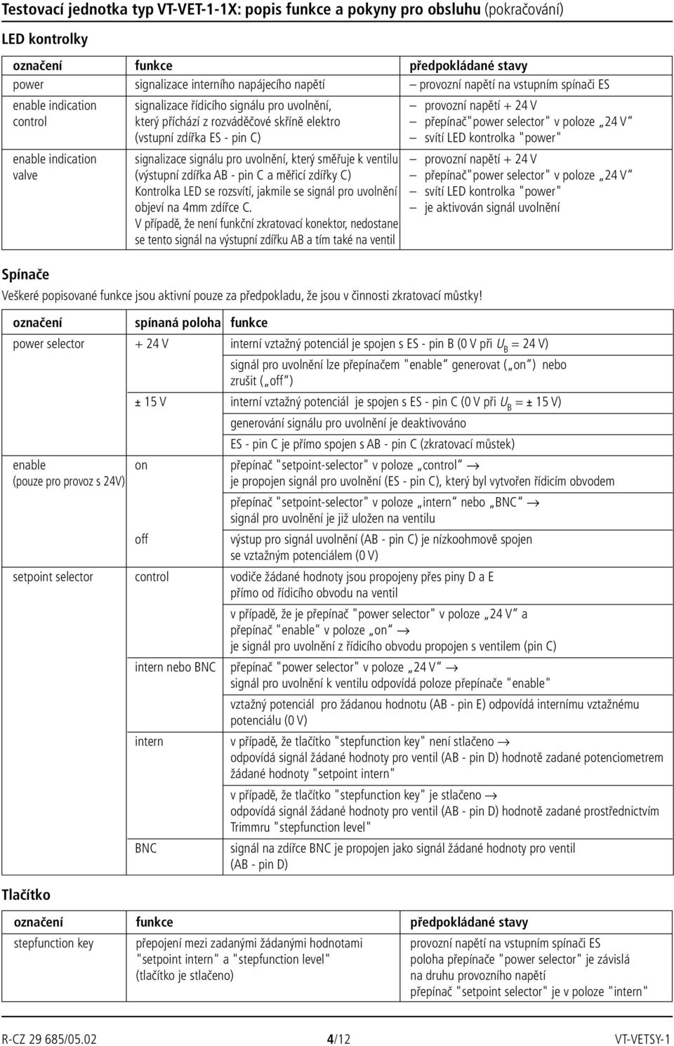 zdířka ES - pin C) svítí LED kontrolka "power" enable indication signalizace signálu pro uvolnění, který směřuje k ventilu provozní napětí valve (výstupní zdířka AB - pin C a měřicí zdířky C)