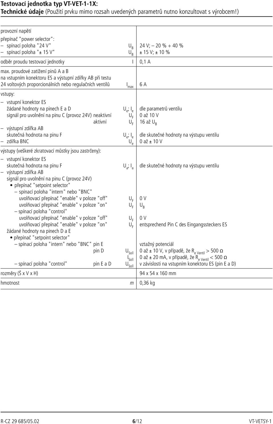 proudové zatížení pinů A a B na vstupním konektoru ES a výstupní zdířky AB při testu 24 voltových proporcionálních nebo regulačních ventilů I max 6 A vstupy: vstupní konektor ES žádané hodnoty na