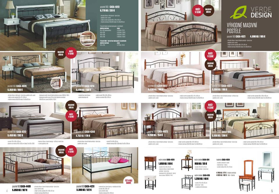 rozměrech: plocha matrace cena 90 x 200 (jednolůžko) 4 730 Kč / 175 140 x 200 6 200 Kč / 230 160 x 200 6 550 Kč / 243 180 x 200 6 990 Kč / 259 rošt v ceně masivní dřevo výhodné masivní postele postel