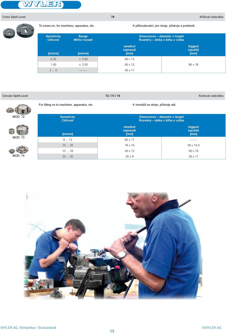 .. 5 --------- 40 x 11 největší 80 x 18 Circular Spirit Level 72 / 73 / 74 Kruhová vodováha For fitting on to machines, apparatus, etc.