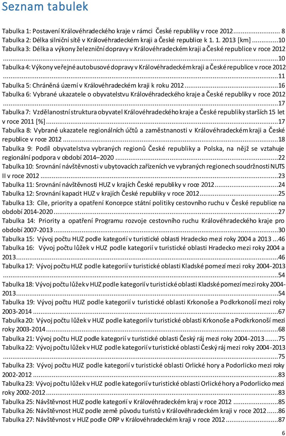 ..10 Tabulka 4: Výkony veřejné autobusové dopravy v Královéhradeckém kraji a České republice v roce 2012...11 Tabulka 5: Chráněná území v Královéhradeckém kraji k roku 2012.