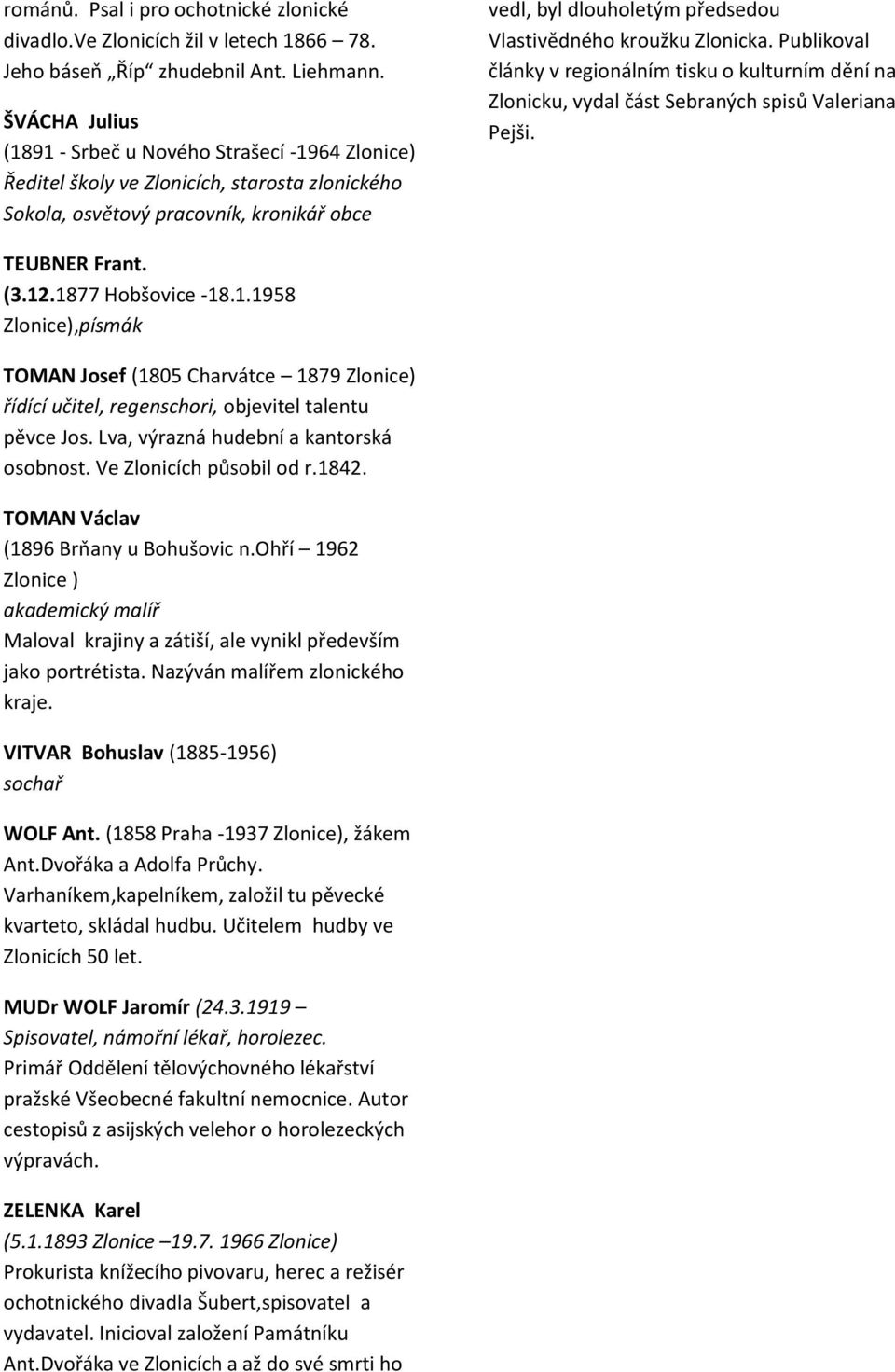 kroužku Zlonicka. Publikoval články v regionálním tisku o kulturním dění na Zlonicku, vydal část Sebraných spisů Valeriana Pejši. TEUBNER Frant. (3.12