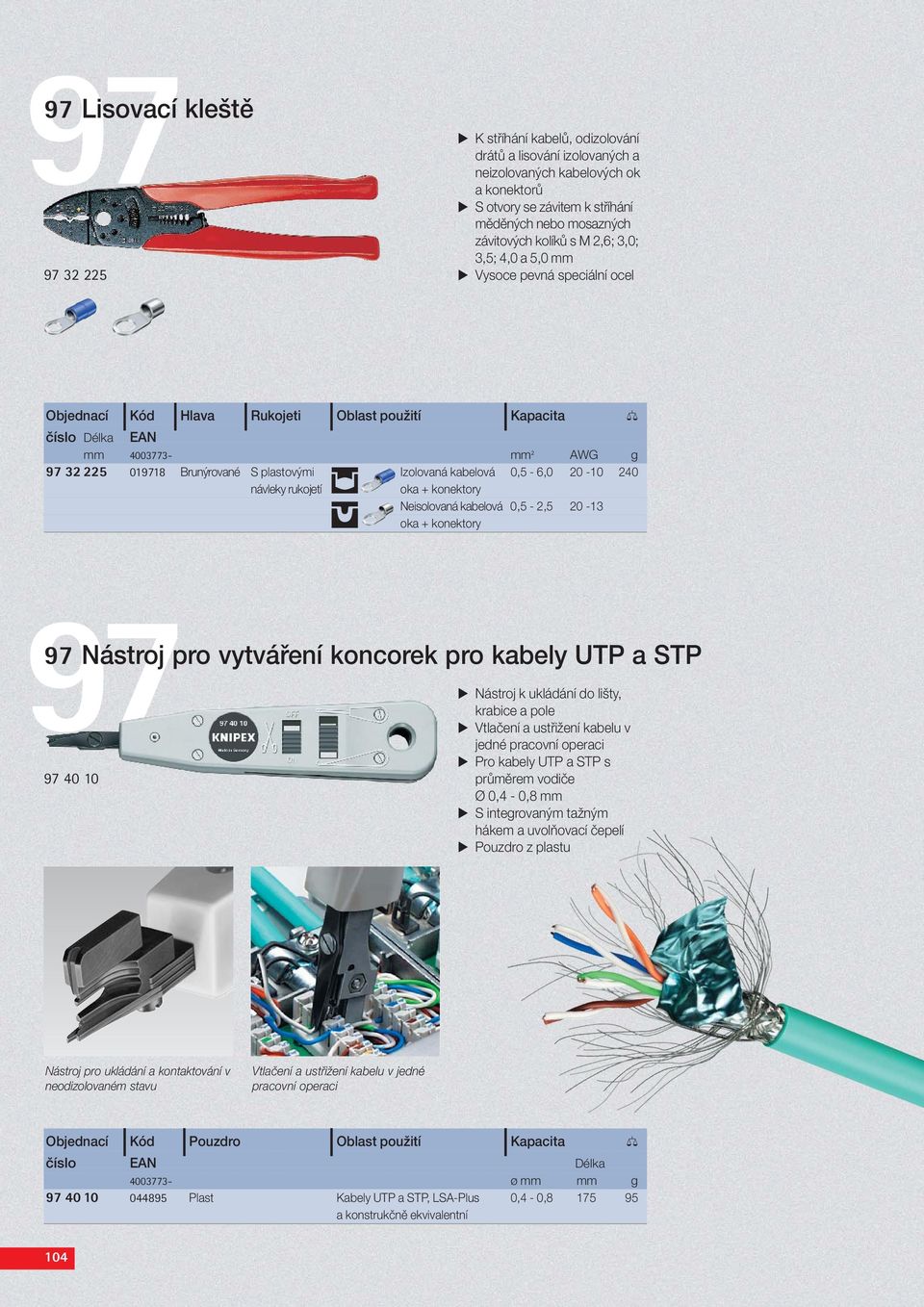 plastovými Izolovaná kabelová 0,5-6,0 20-10 240 návleky rukojetí Neisolovaná kabelová 0,5-2,5 20-13 97 Nástroj pro vytváření koncorek pro kabely UTP a STP 97 40 10 Nástroj k ukládání do lišty,