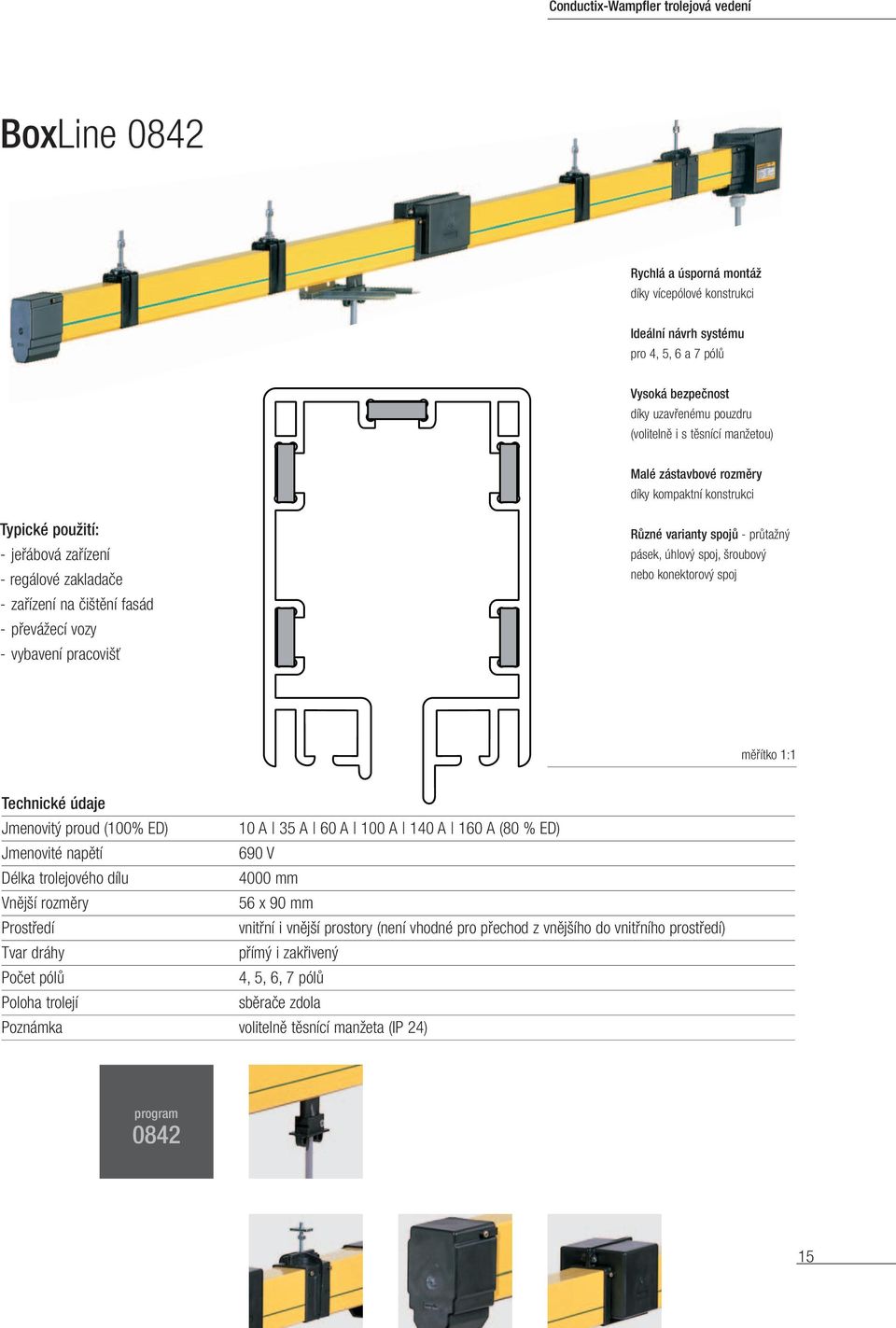 varianty spojů - průtažný pásek, úhlový spoj, šroubový nebo konektorový spoj měřítko 1:1 Technické údaje Jmenovitý proud (100% ED) 10 A 35 A 60 A 100 A 140 A 160 A (80 % ED) Jmenovité napětí 690 V