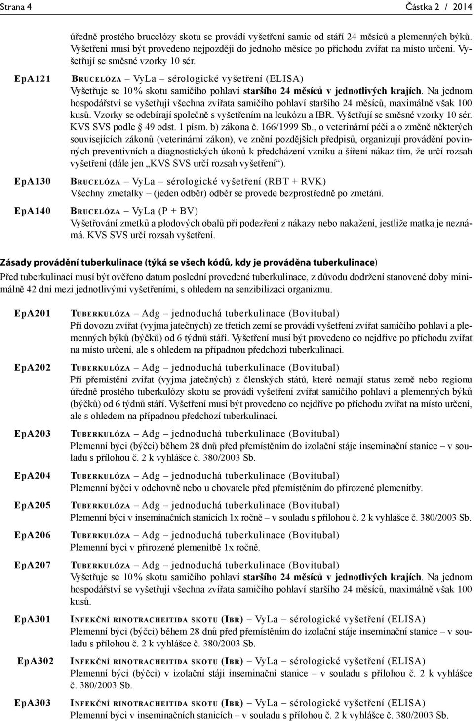 EpA121 EpA130 EpA140 BRUCELÓZA VyLa sérologické vyšetření (ELISA) Vyšetřuje se 10 % skotu samičího pohlaví staršího 24 měsíců v jednotlivých krajích.