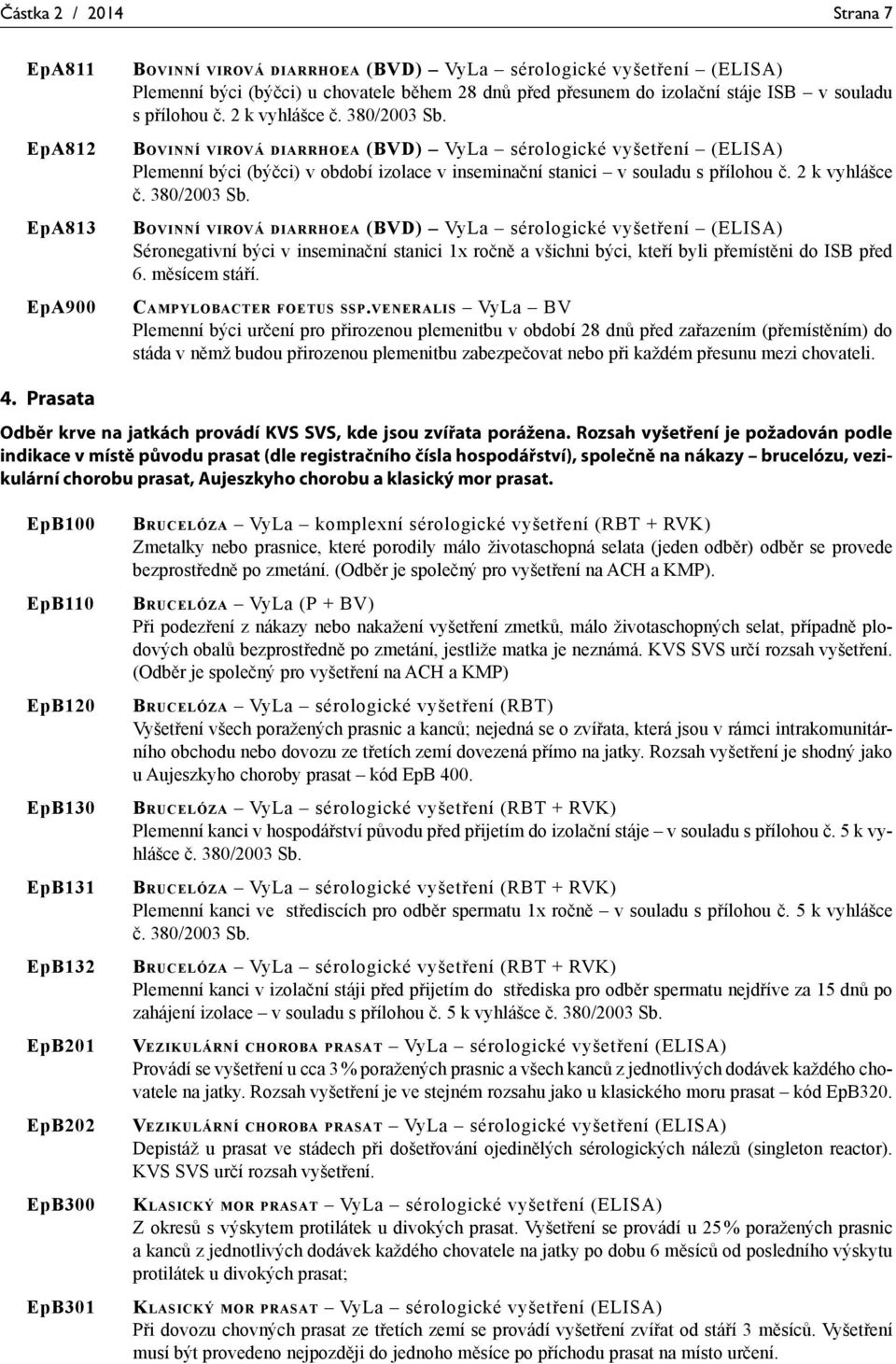 BOVINNÍ VIROVÁ DIARRHOEA (BVD) VyLa sérologické vyšetření (ELISA) Plemenní býci (býčci) v období izolace v inseminační stanici v souladu s přílohou č. 2 k vyhlášce č. 380/2003 Sb.