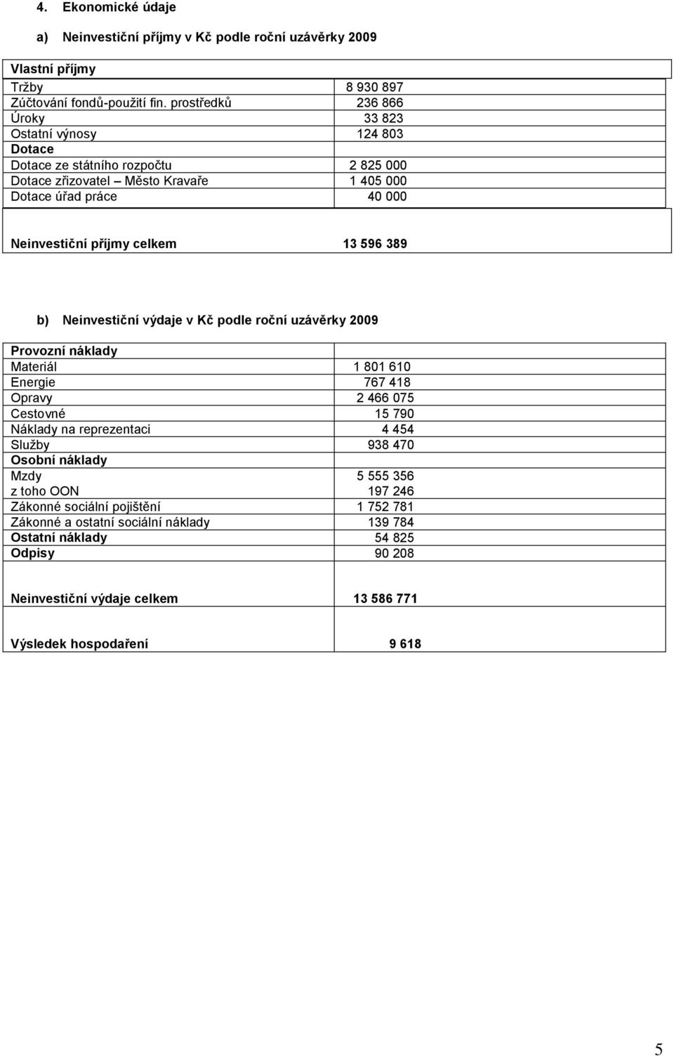 celkem 13 596 389 b) Neinvestiční výdaje v Kč podle roční uzávěrky 2009 Provozní náklady Materiál 1 801 610 Energie 767 418 Opravy 2 466 075 Cestovné 15 790 Náklady na reprezentaci 4 454