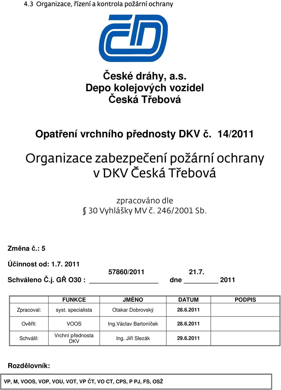 2011 57860/2011 21.7. Schváleno Č.j. GŘ O30 : dne 2011 FUNKCE JMÉNO DATUM PODPIS Zpracoval: syst. specialista Otakar Dobrovský 28.6.2011 Ověřil: VOOS Ing.