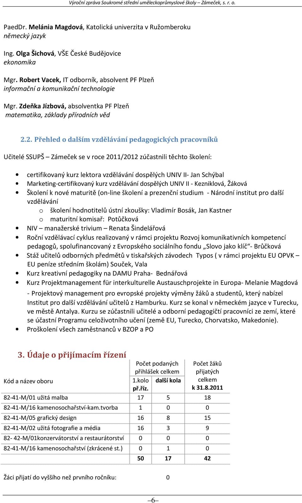 2. Přehled o dalším vzdělávání pedagogických pracovníků Učitelé SSUPŠ Zámeček se v roce 2011/2012 zúčastnili těchto školení: certifikovaný kurz lektora vzdělávání dospělých UNIV II- Jan Schýbal