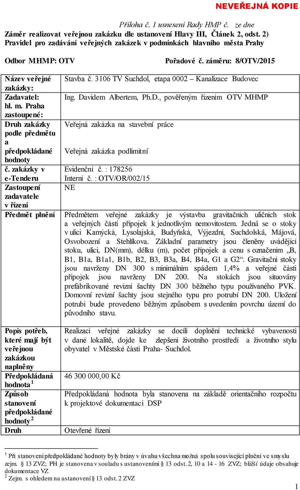 3106 TV Suchdol, etapa 0002 Kanalizace Budovec zakázky: Zadavatel: Ing. Davidem Albertem, Ph.D., pověřeným řízením OTV MHMP hl. m.