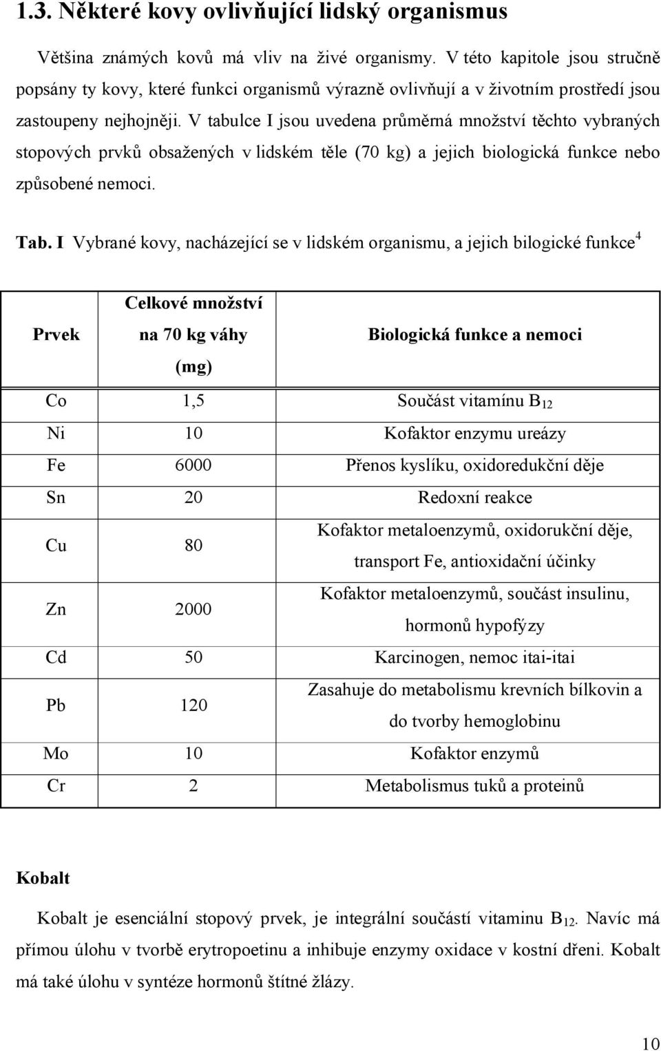 V tabulce I jsou uvedena průměrná množství těchto vybraných stopových prvků obsažených v lidském těle (70 kg) a jejich biologická funkce nebo způsobené nemoci. Tab.