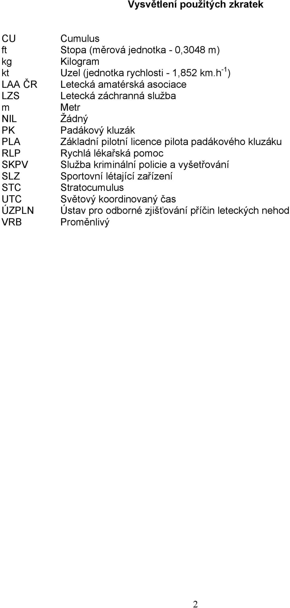 licence pilota padákového kluzáku RLP Rychlá lékařská pomoc SKPV Služba kriminální policie a vyšetřování SLZ Sportovní létající