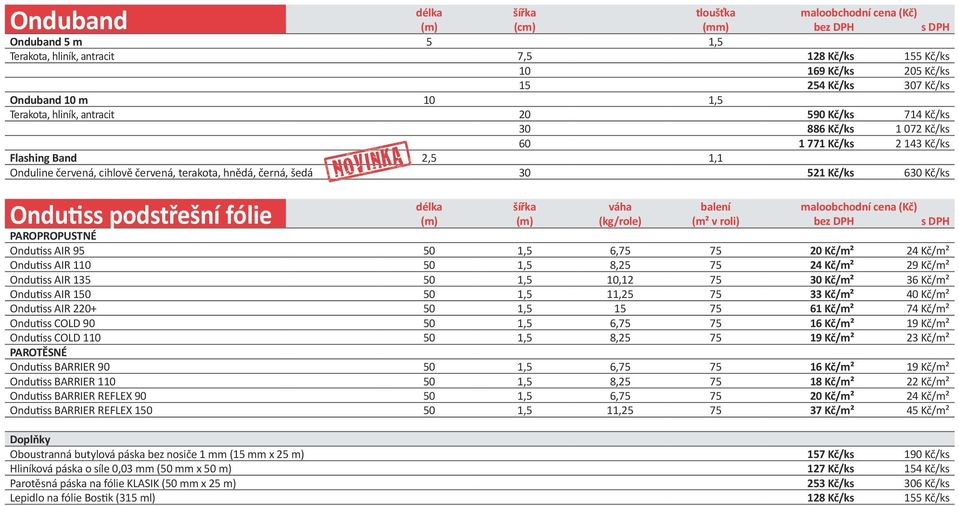černá, šedá 30 521 Kč/ks 630 Kč/ks Ondutiss podstřešní fólie délka šířka váha balení maloobchodní cena (Kč) (m) (m) (kg/role) (m² v roli) bez DPH s DPH PAROPROPUSTNÉ Ondutiss AIR 95 50 1,5 6,75 75 20