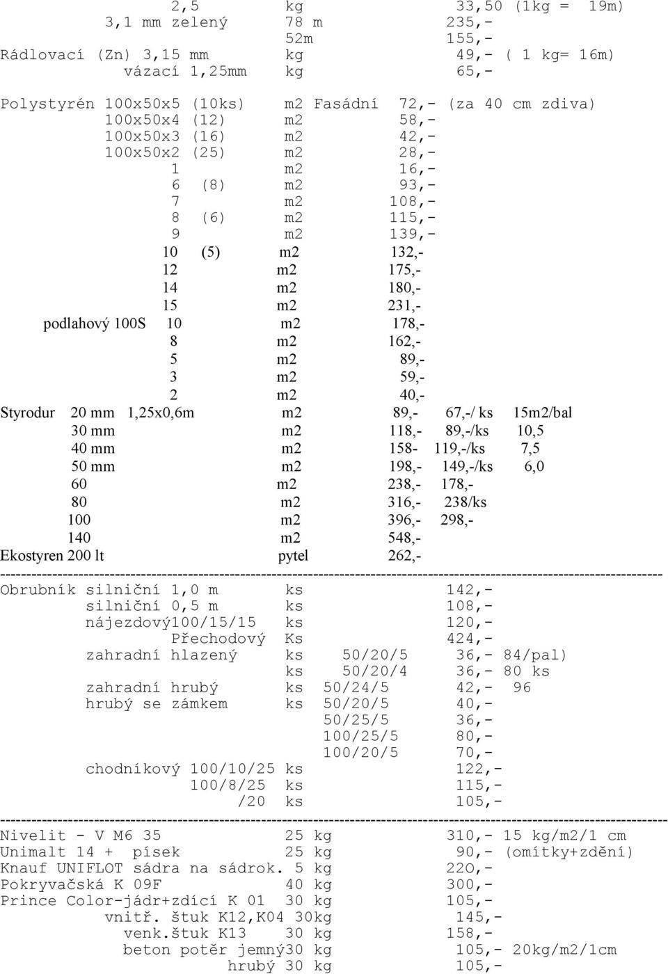 162,- 5 m2 89,- 3 m2 59,- 2 m2 40,- Styrodur 20 mm 1,25x0,6m m2 89,- 67,-/ ks 15m2/bal 30 mm m2 118,- 89,-/ks 10,5 40 mm m2 158-119,-/ks 7,5 50 mm m2 198,- 149,-/ks 6,0 60 m2 238,- 178,- 80 m2 316,-