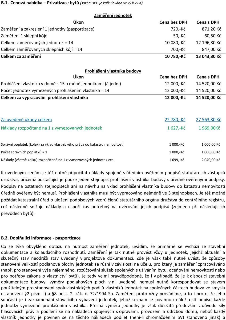 vlastníka budovy Úkon Cena bez DPH Cena s DPH Prohlášení vlastníka v domě s 15 a méně jednotkami (á jedn.