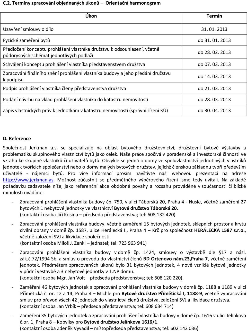 2013 Schválení konceptu prohlášení vlastníka představenstvem družstva do 07. 03. 2013 Zpracování finálního znění prohlášení vlastníka budovy a jeho předání družstvu k podpisu do 14. 03. 2013 Podpis prohlášení vlastníka členy představenstva družstva do 21.