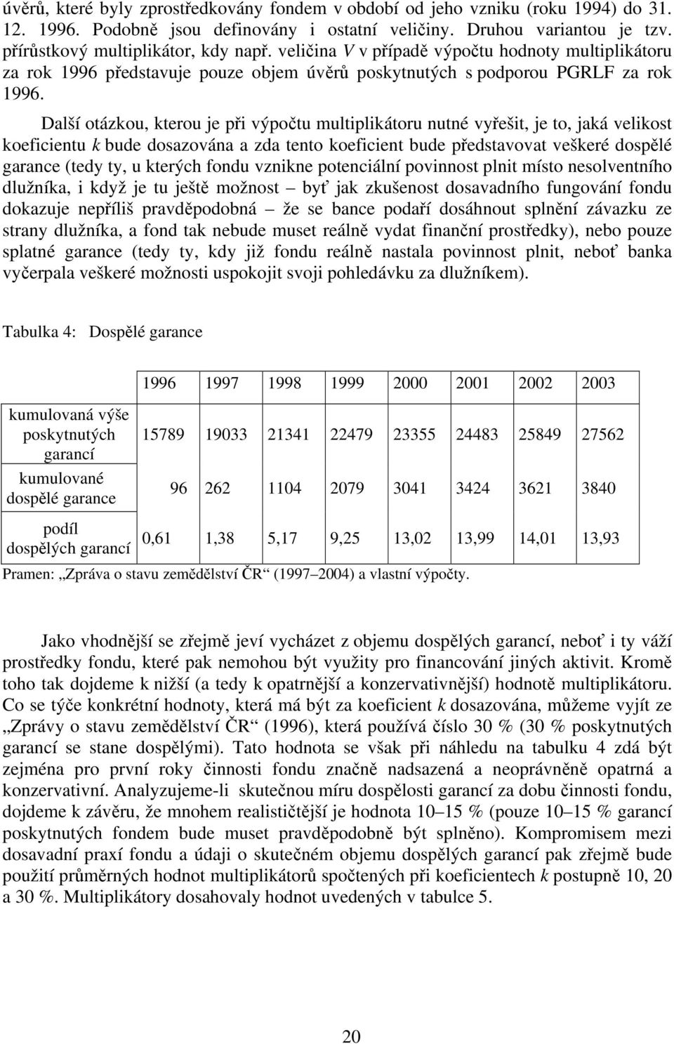 Další otázkou, kterou je při výpočtu multiplikátoru nutné vyřešit, je to, jaká velikost koeficientu k bude dosazována a zda tento koeficient bude představovat veškeré dospělé garance (tedy ty, u