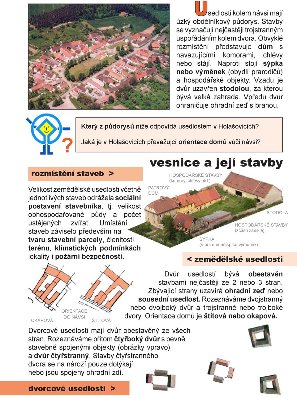 Který z půdorysů níže odpovídá usedlostem v Holašovicích Jaká je v Holašovicích převažujcí orientace domů vůči návsi Velikost zemědělské usedlosti včetně jednotlivých staveb odrážela sociální