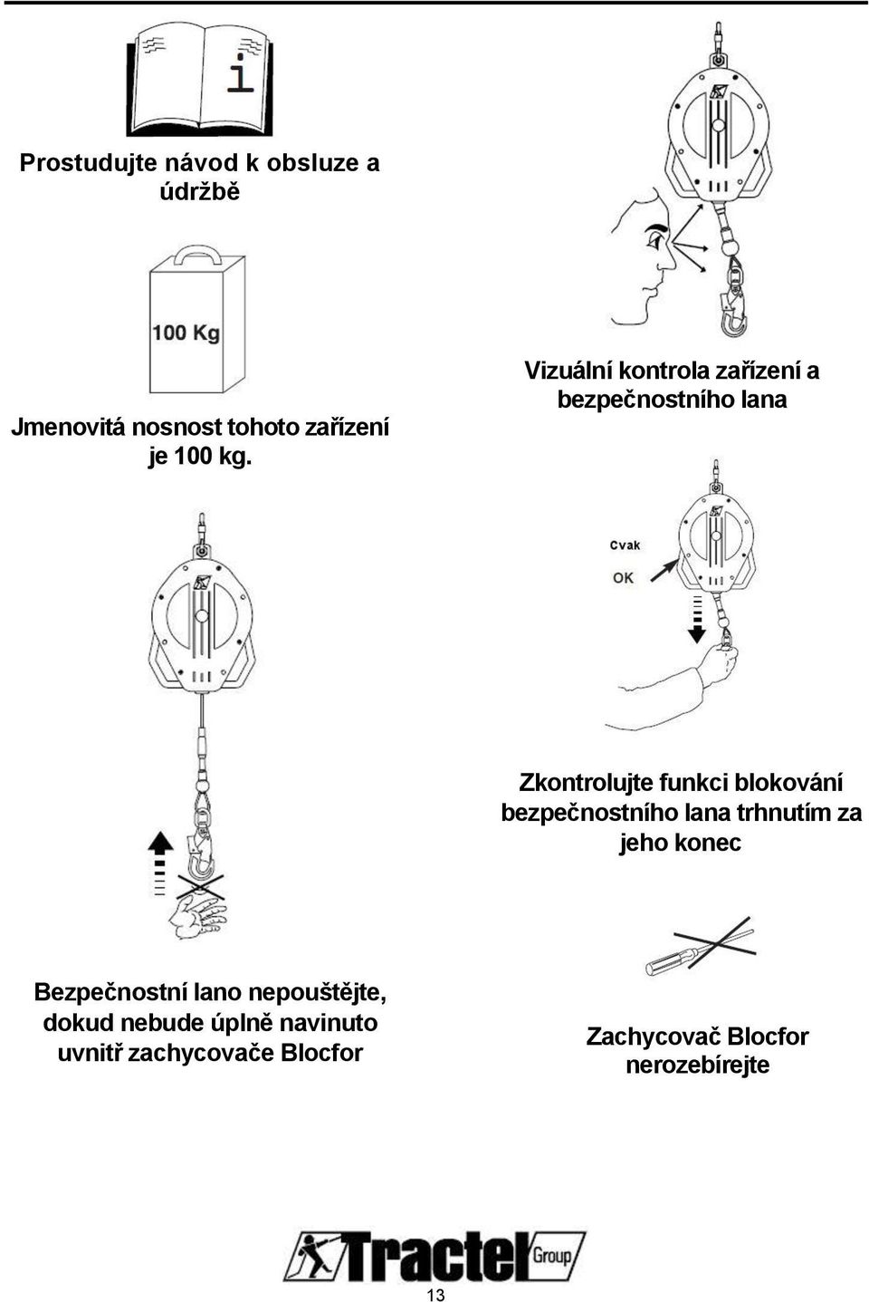 bezpečnostního lana trhnutím za jeho konec Bezpečnostní lano nepouštějte, dokud