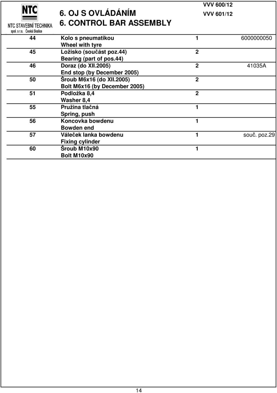 44) 2 Bearing (part of pos.44) 46 Doraz (do XII.2005) 2 41035A End stop (by December 2005) 50 Šroub M6x16 (do XII.