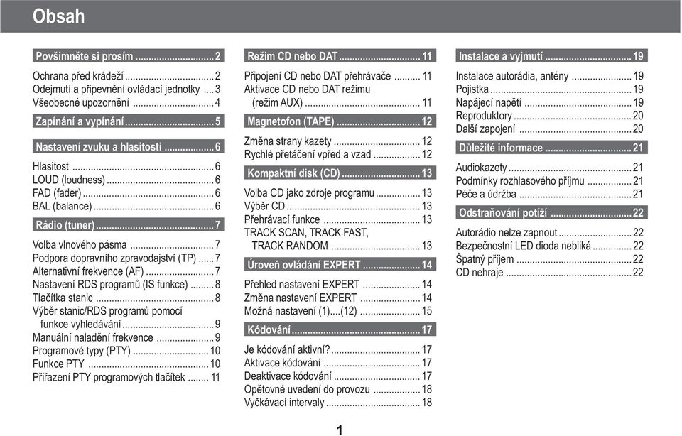 .. 7 Nastavení RDS programù (IS funkce)... 8 Tlaèítka stanic... 8 Výbìr stanic/rds programù pomocí funkce vyhledávání...9 Manuální naladìní frekvence...9 Programové typy (PTY)...10 Funkce PTY.