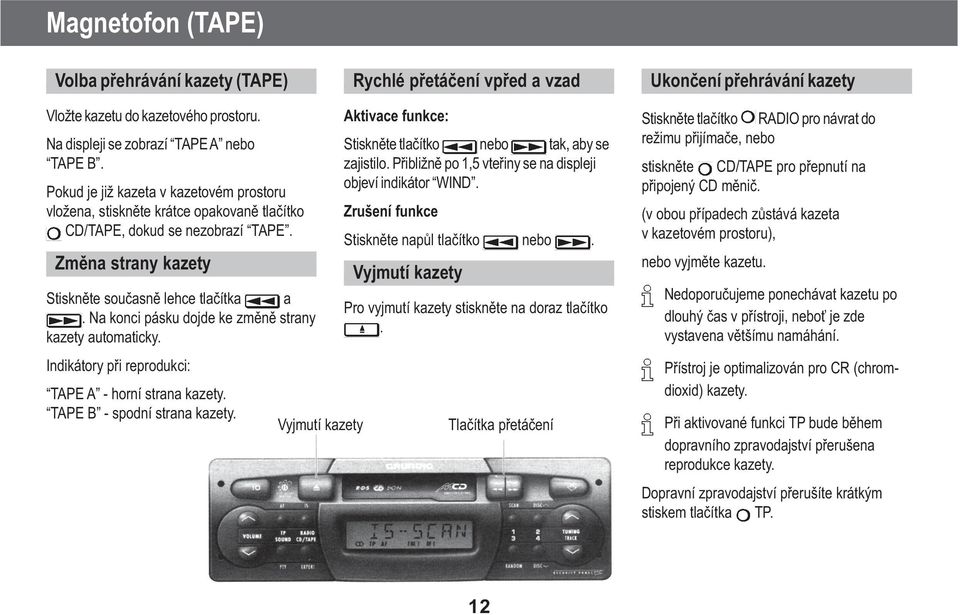 Na konci pásku dojde ke zmìnì strany kazety automaticky. Indikátory pøi reprodukci: TAPE A - horní strana kazety. TAPE B - spodní strana kazety.