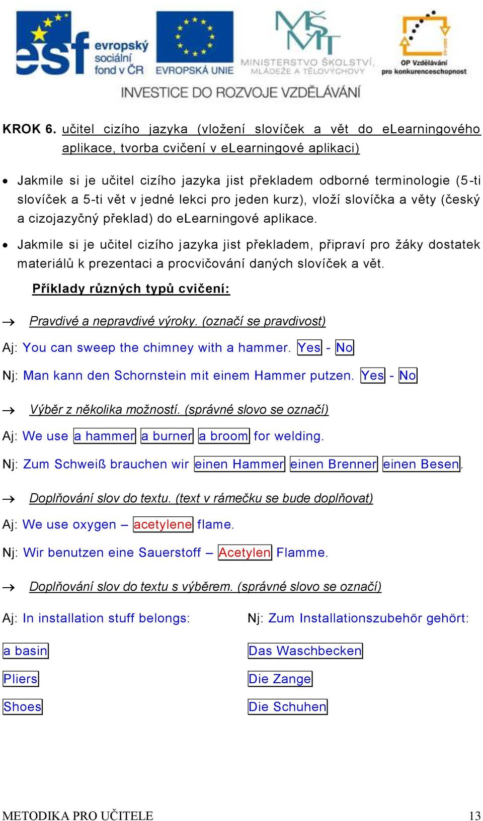 Jakmil si j učitl cizího jazyka jist přkladm, připraví pro žáky dostatk matriálů k przntaci a procvičování daných slovíčk a vět. Příklady různých typů cviční: Pravdivé a npravdivé výroky.