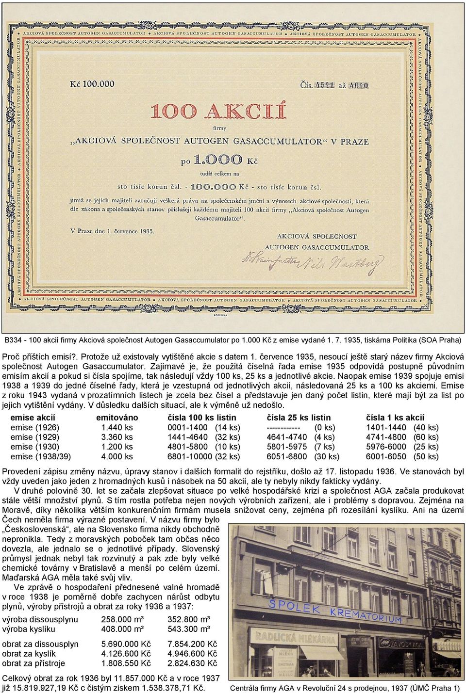 Zajímavé je, že použitá číselná řada emise 1935 odpovídá postupně původním emisím akcií a pokud si čísla spojíme, tak následují vždy 100 ks, 25 ks a jednotlivé akcie.