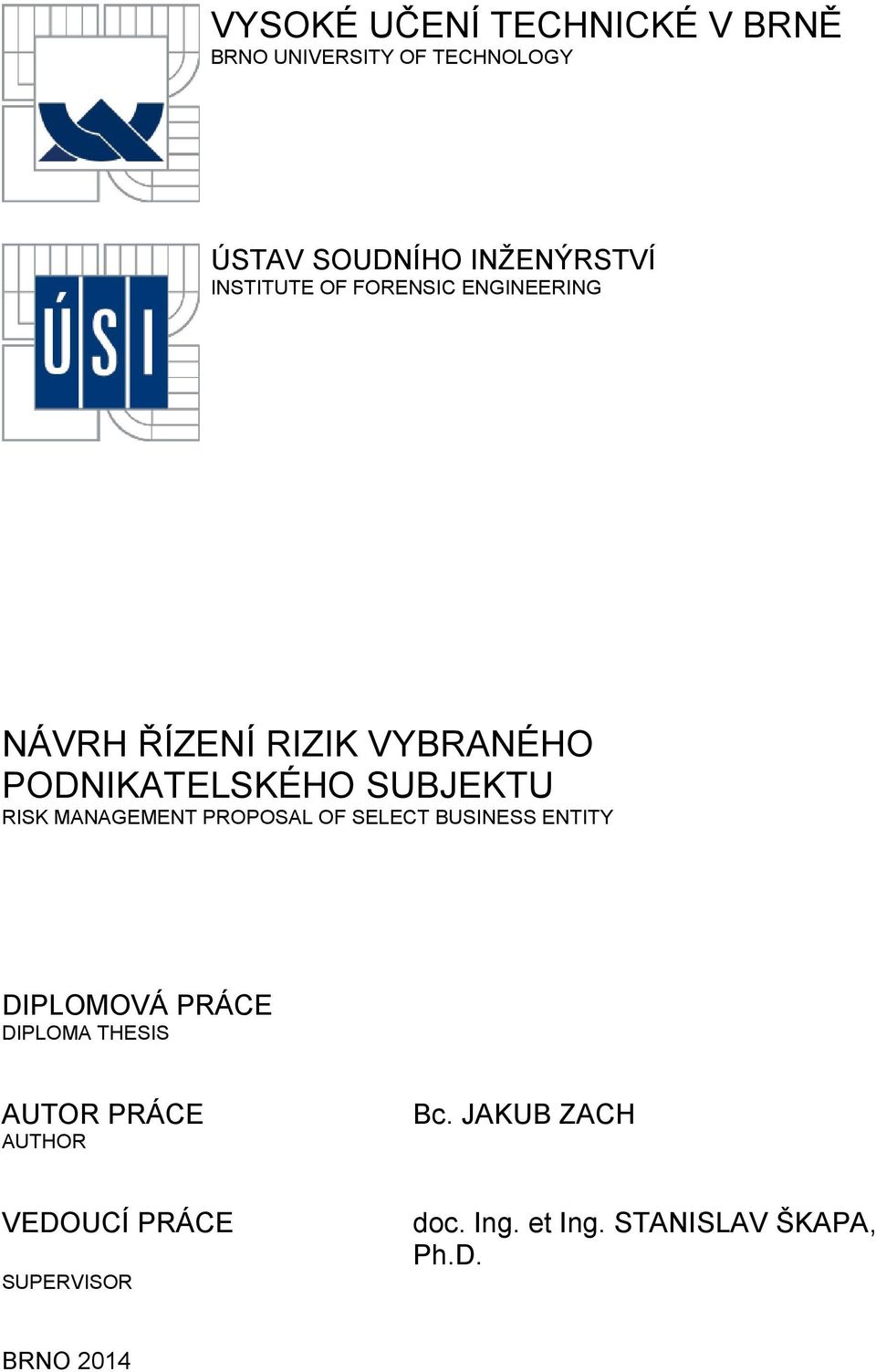 RISK MANAGEMENT PROPOSAL OF SELECT BUSINESS ENTITY DIPLOMOVÁ PRÁCE DIPLOMA THESIS AUTOR