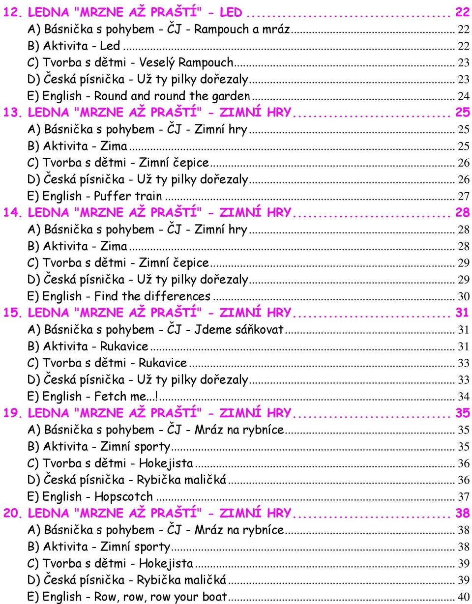 .. 26 D) Česká písnička - Už ty pilky dořezaly... 26 E) English - Puffer train... 27 14. LEDNA "MRZNE AŽ PRAŠTÍ" - ZIMNÍ HRY... 28 A) Básnička s pohybem - ČJ - Zimní hry... 28 B) Aktivita - Zima.
