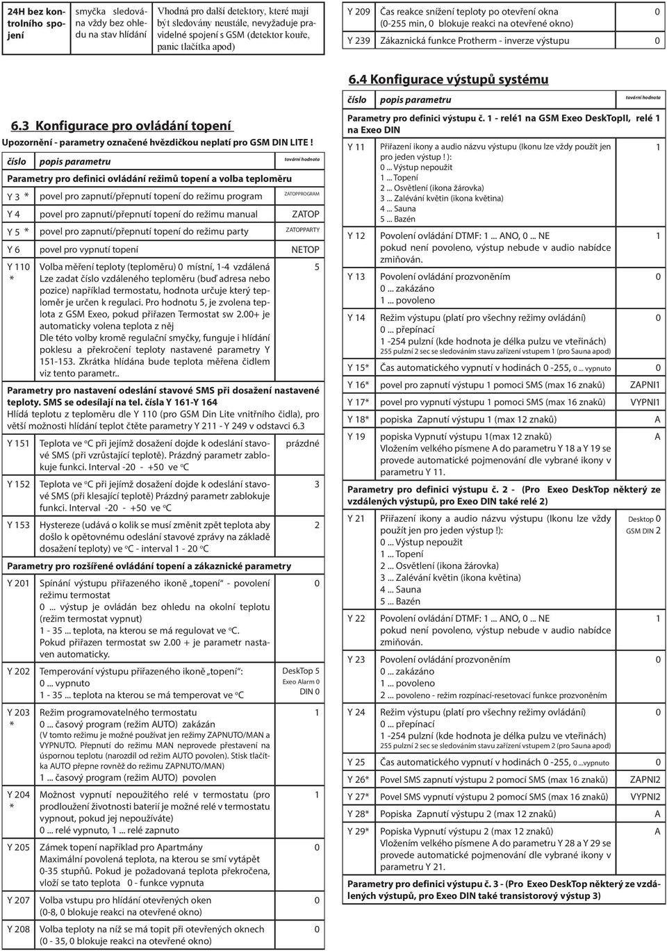 4 Konfigurace výstupů systému číslo popis parametru tovární hodnota 6.3 Konfigurace pro ovládání topení Upozornění - parametry označené hvězdičkou neplatí pro GSM DIN LITE!