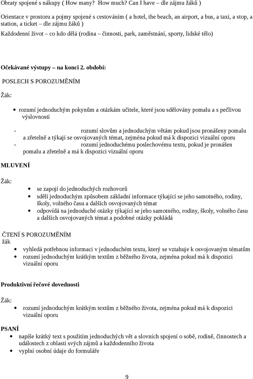 dělá (rodina činnosti, park, zaměstnání, sporty, lidské tělo) Očekávané výstupy na konci 2.