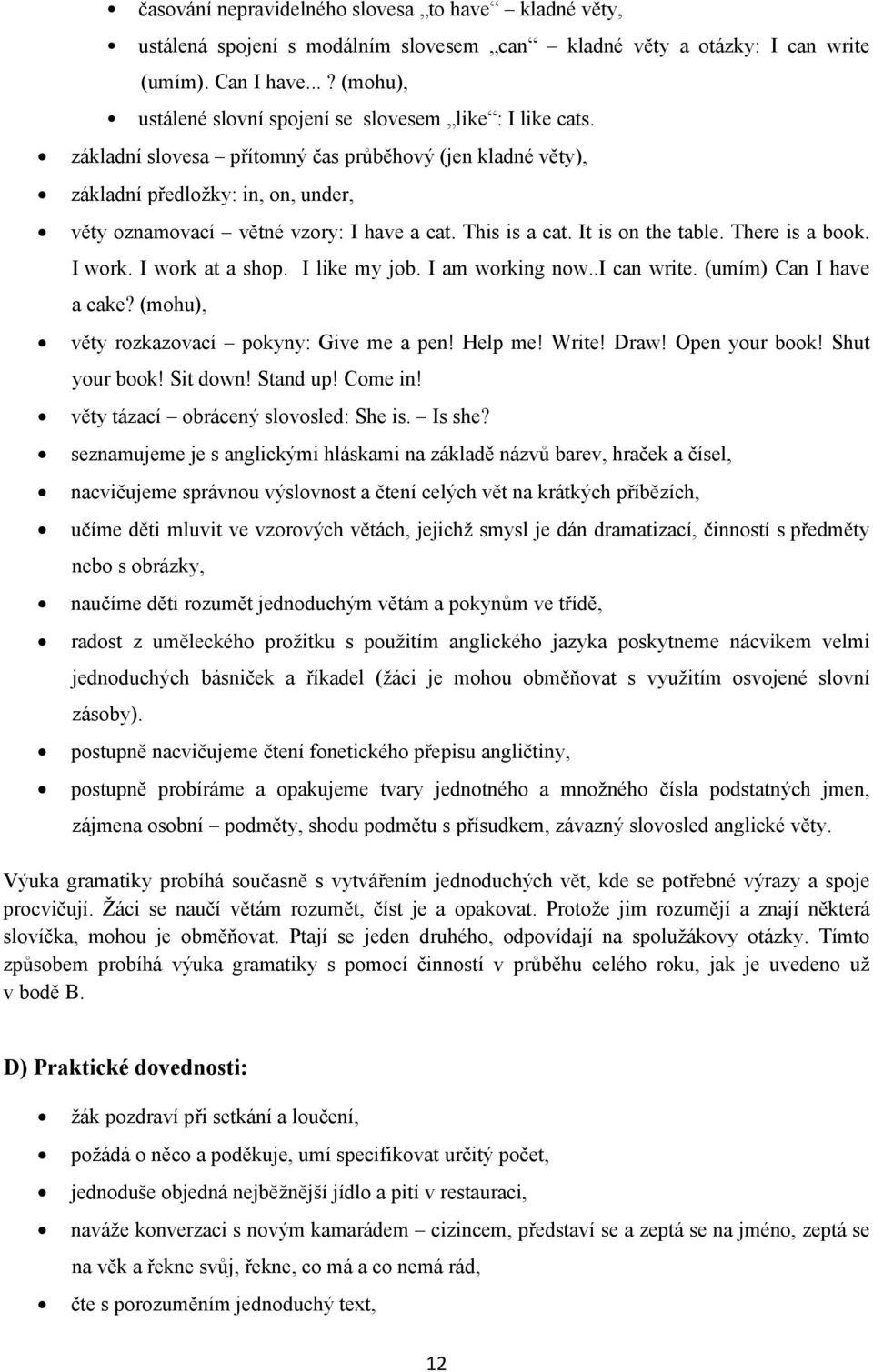 základní slovesa přítomný čas průběhový (jen kladné věty), základní předložky: in, on, under, věty oznamovací větné vzory: I have a cat. This is a cat. It is on the table. There is a book. I work.