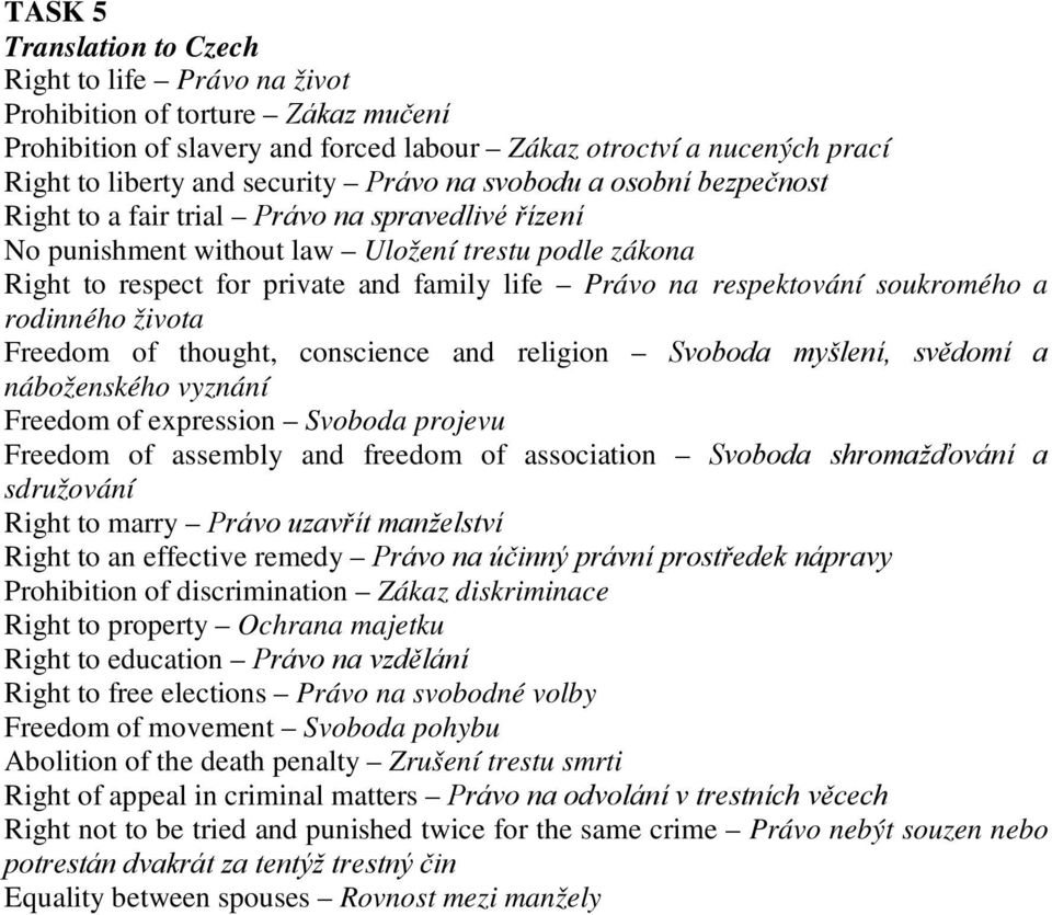 respektování soukromého a rodinného života Freedom of thought, conscience and religion Svoboda myšlení, svědomí a náboženského vyznání Freedom of expression Svoboda projevu Freedom of assembly and