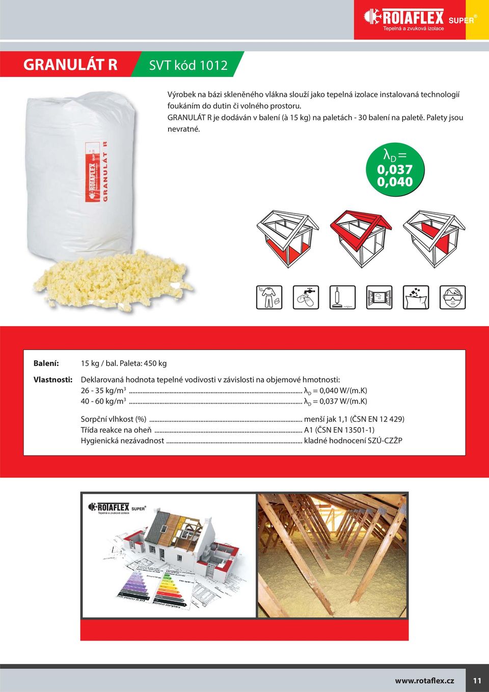 Paleta: 450 kg Deklarovaná hodnota tepelné vodivosti v závislosti na objemové hmotnosti: 26-35 kg/m 3... λ D = 0,040 W/(m.K) 40-60 kg/m 3.