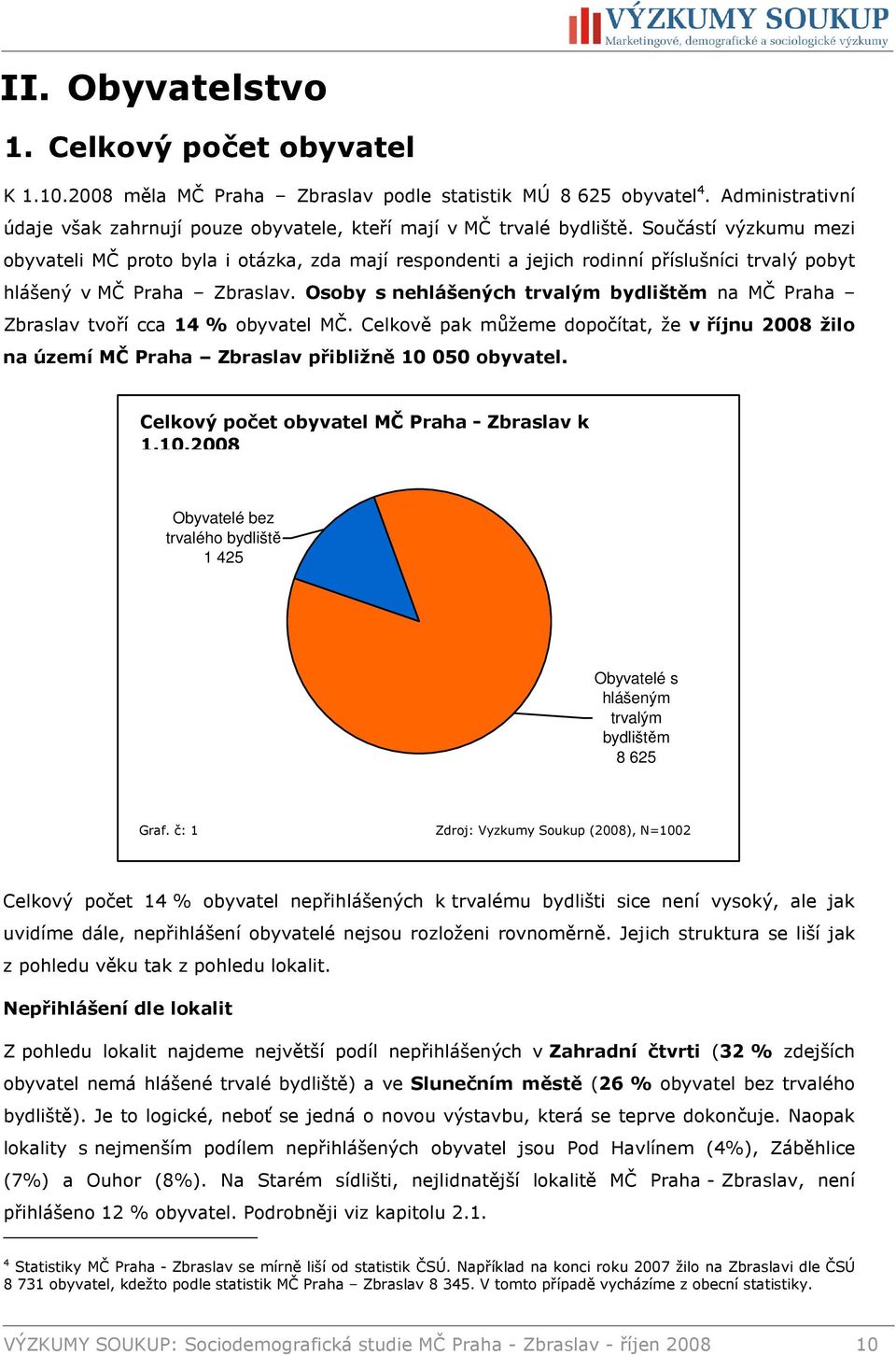 Osoby s nehlášených trvalým bydlištěm na MČ Praha Zbraslav tvoří cca 14 % obyvatel MČ. Celkově pak můžeme dopočítat, že v říjnu 2008 žilo na území MČ Praha Zbraslav přibližně 10 050 obyvatel.