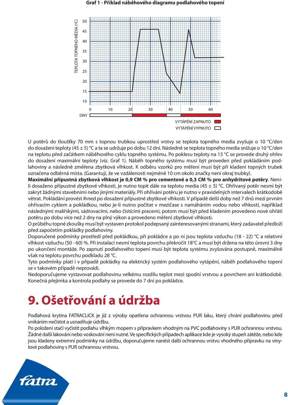 Následně se teplota topného media snižuje o /den na teplotu před začátkem náběhového cyklu topného systému. Po poklesu teploty na 15 se provede druhý ohřev do dosažení maximální teploty (viz. Graf 1).